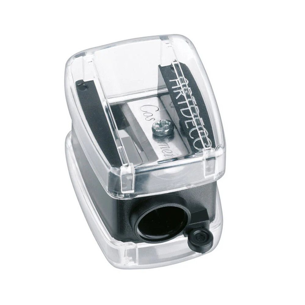 Schwarzer Spitzer mit transparentem Deckel. Auf dem Deckel steht "ARTDECO". Das Innere zeigt eine Klinge und die Aufschrift "Cosmetic".