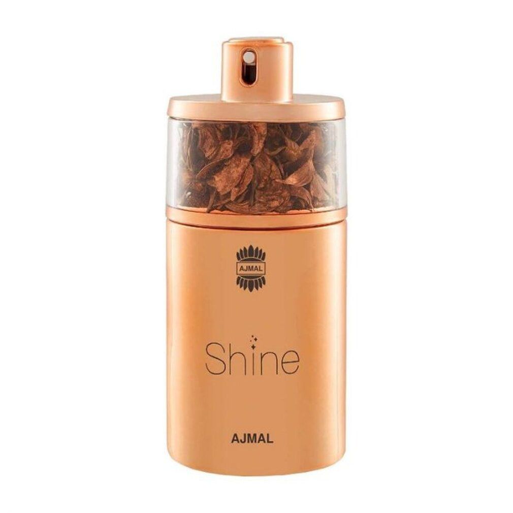 Goldfarbene Parfümflasche mit Glasaufsatz. Aufschrift Shine und Logo. Der obere Teil enthält braune Elemente.