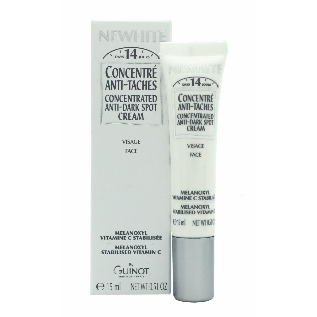 Guinot Newhite Tube und Schachtel. Weißes Tube und Schachtel. Text: Newhite, Concentre Anti-Taches, 15ml.