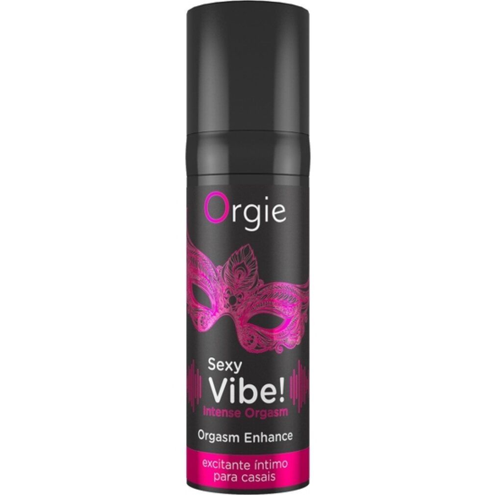 Orgies Sexy Vibe! Intense Orgasm. Schwarze Flasche mit pinkfarbenem Etikett und Maskenmotiv. Produktname und Marke sichtbar.