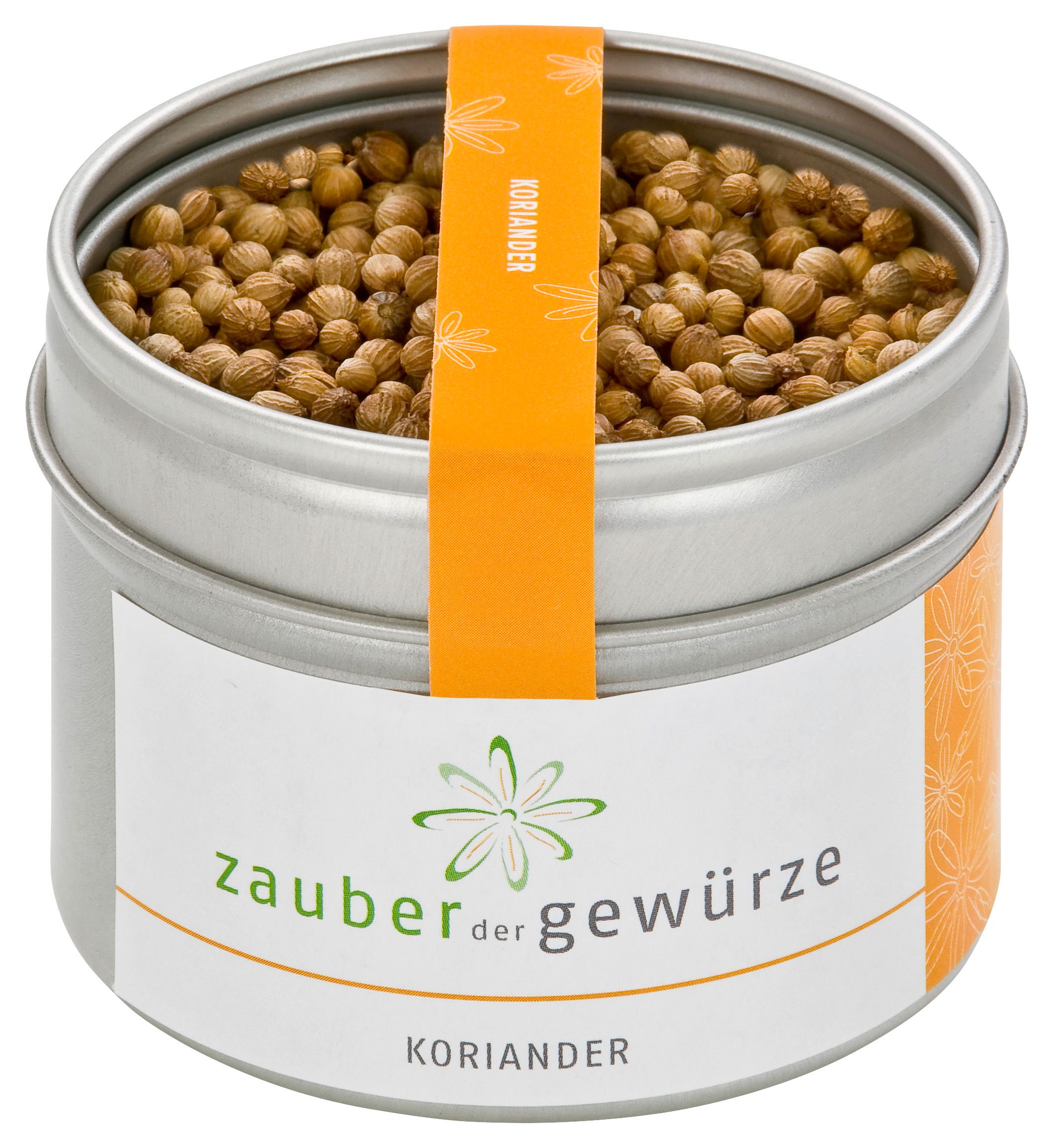 Runde, braune Koriandersamen in einer silbernen Dose mit Etikett. Aufschrift: Zauber der Gewürze Koriander. Orangefarbener Streifen mit Koriander-Aufschrift.