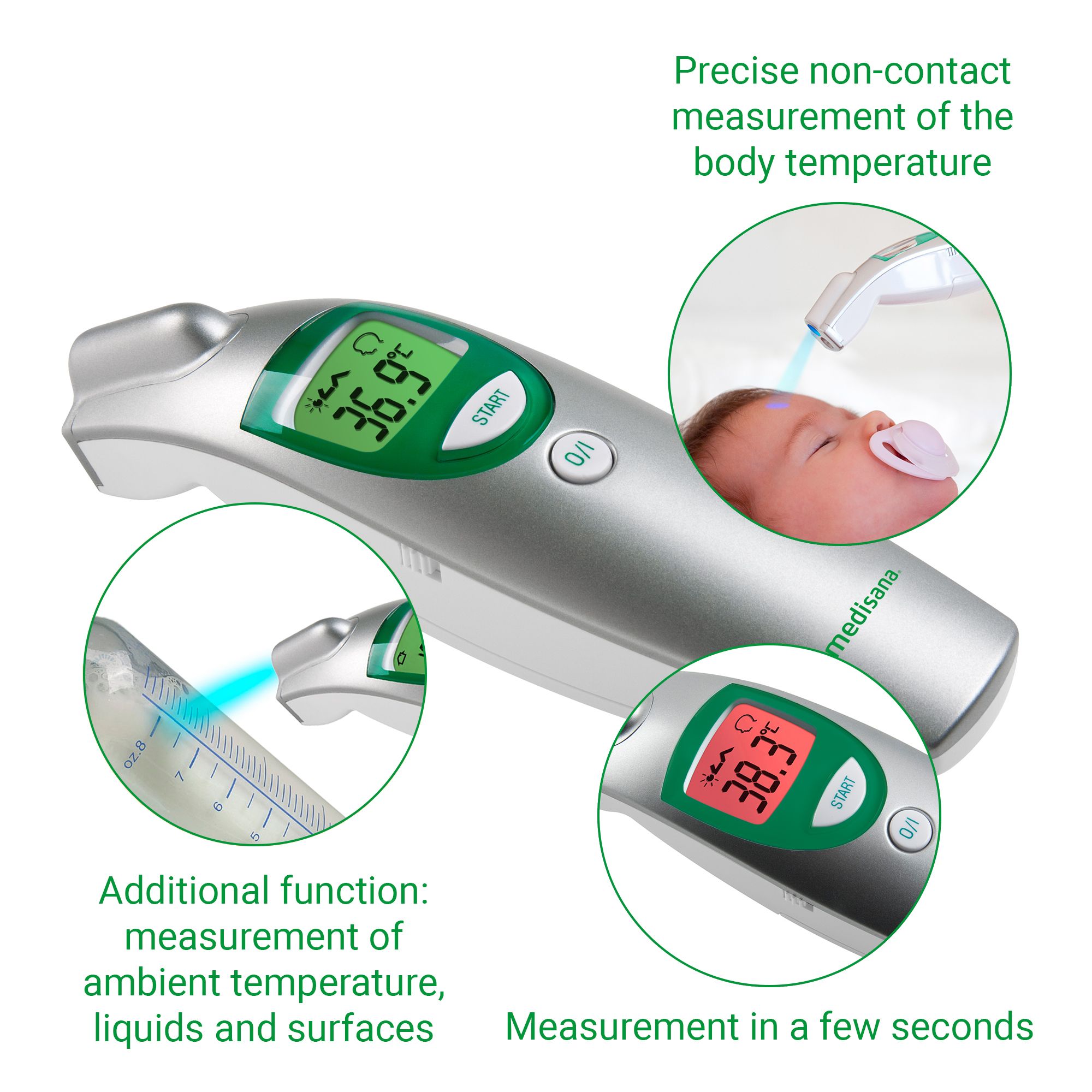 Contactloze thermometer. Close-ups tonen meting, omgevingstemperatuur en display. Merk: medisana.