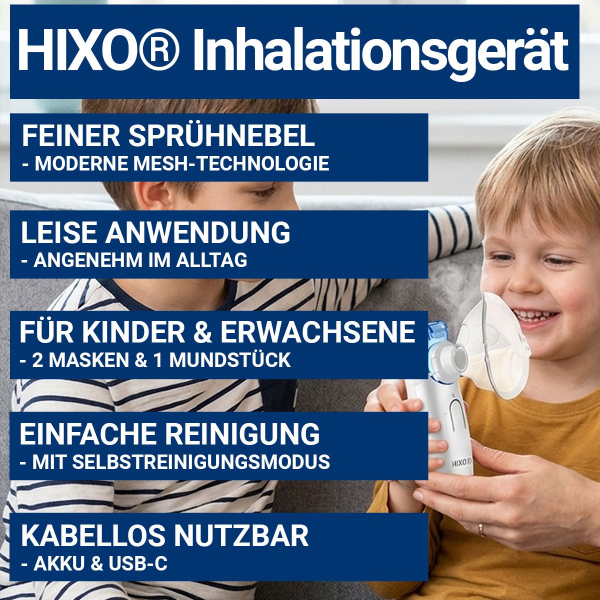 HIXO Inhalator mit Masken und Mundstück, flexibel anwendbar für Kinder und Erwachsene.