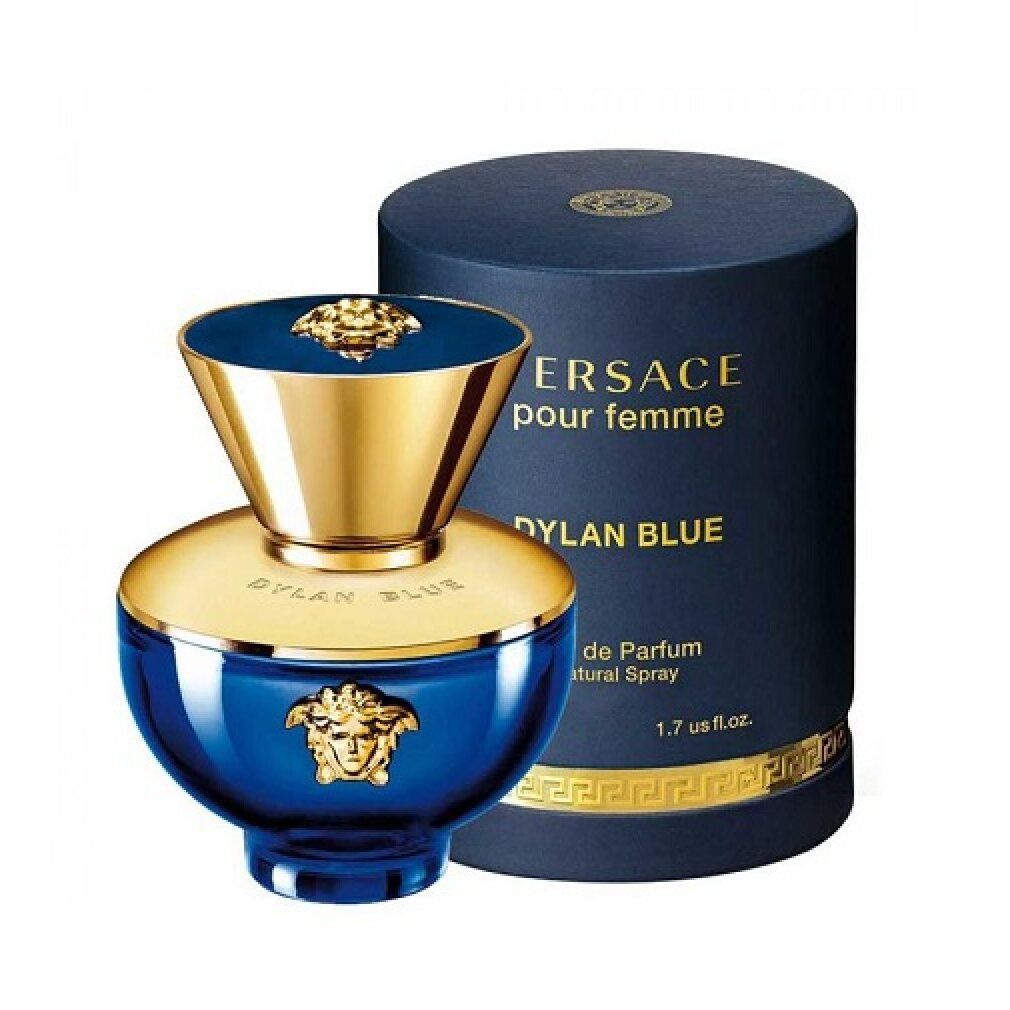 Parfumflakon und zylindrische Schachtel. Auf der Schachtel steht "Versace pour femme Dylan Blue".