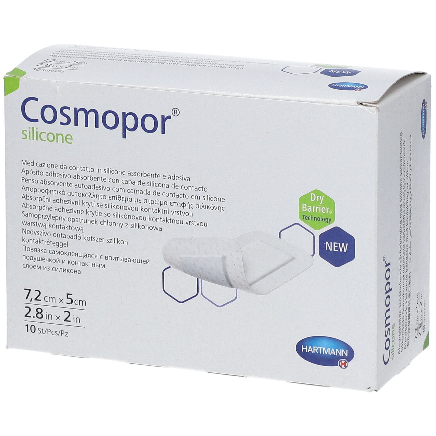 Verpackung von Cosmopor silicone Wundschnellverband. Größe 7,2 x 5 cm. 10 Stück. Marke Hartmann. Mit Dry Barrier Technology.