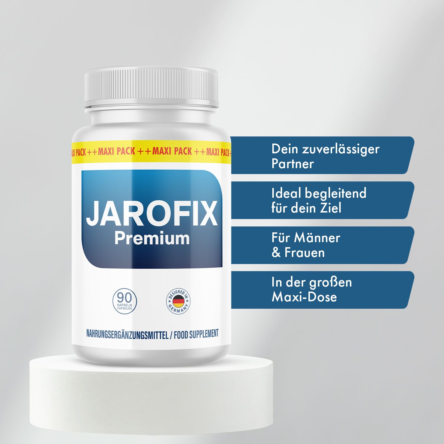 Jarofix Premium Kapseln auf Podest. Daneben Text: Dein Partner, Ideal für dein Ziel, Für Männer & Frauen, Maxi-Dose.