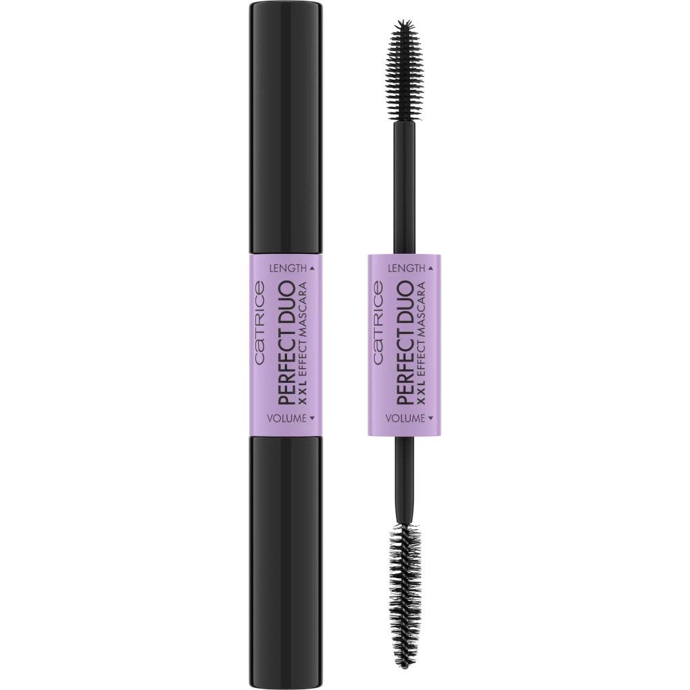 Doppelendige Mascara. Schwarze Hülse mit lila Mittelteil. Text: Catrice, Perfect Duo XXL Effekt Mascara. Zwei Bürsten.