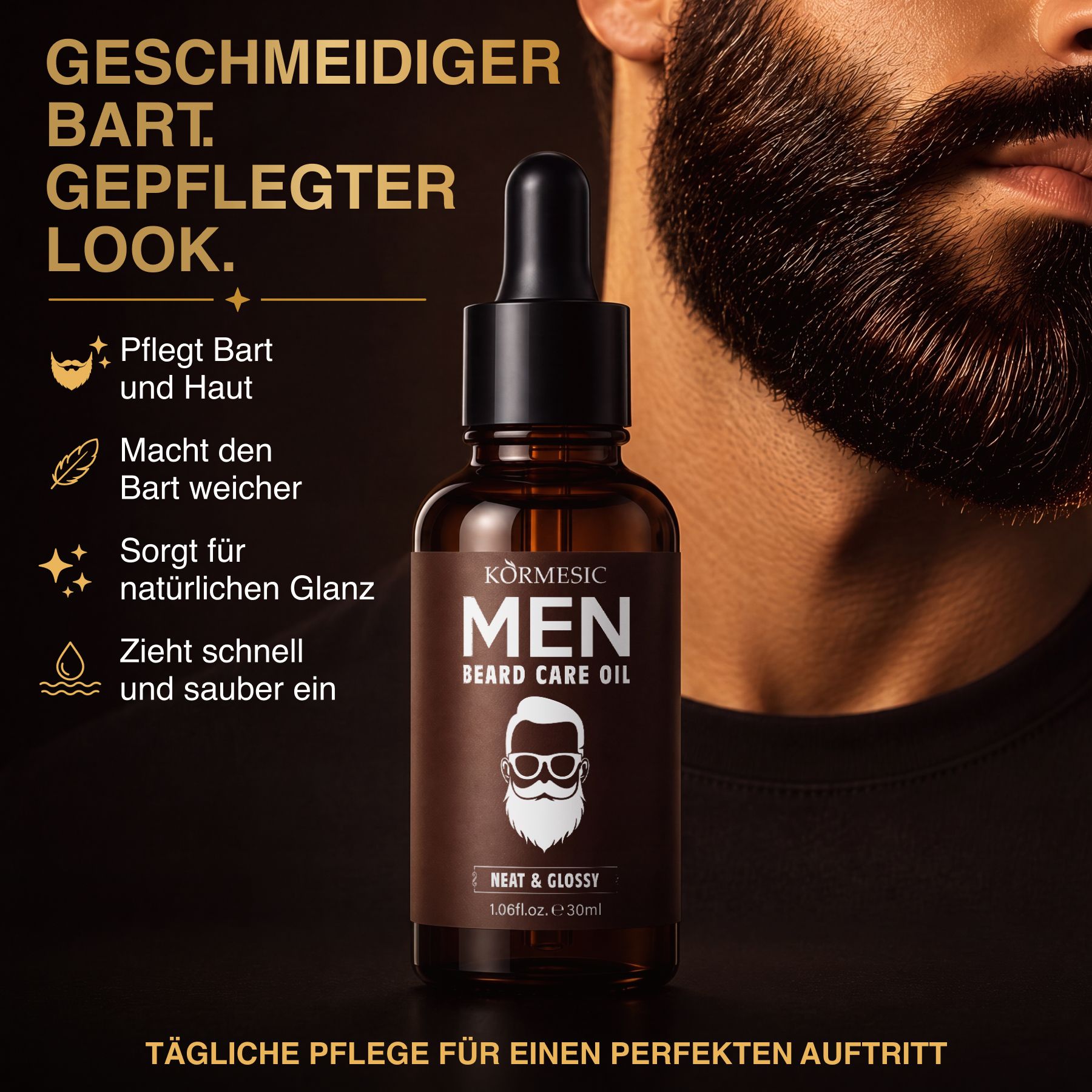 Braune Glasflasche mit Pipette, "Kormesic Men Beard Care Oil" beschriftet.