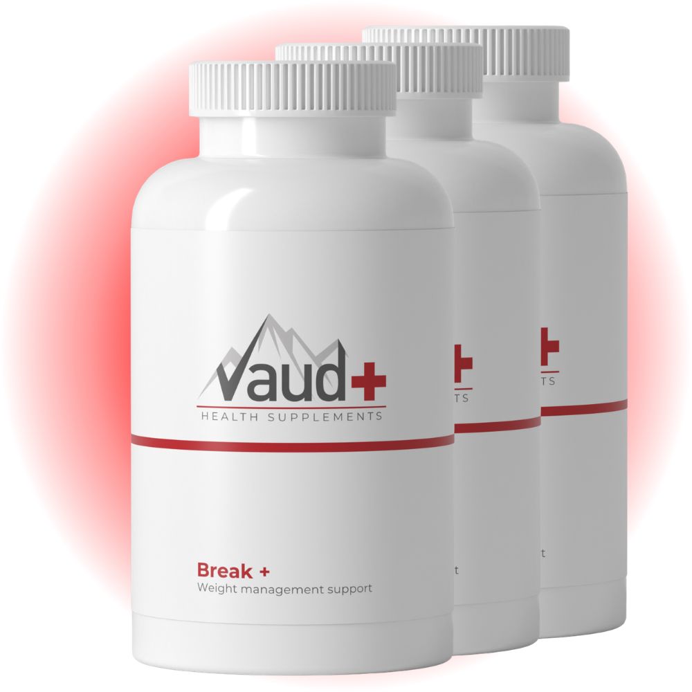 Drei weiße Flaschen mit rotem Streifen und Logo. Aufschrift: Vaud+ Health Supplements, Break+, Weight management support.