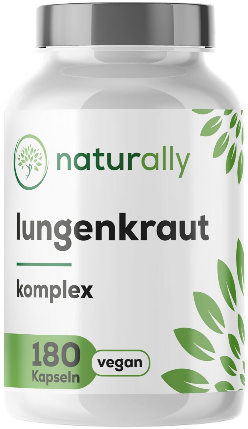 Weiße Flasche mit grünem Etikett. Aufschrift: naturally Lungenkraut Komplex, 180 Kapseln, vegan.