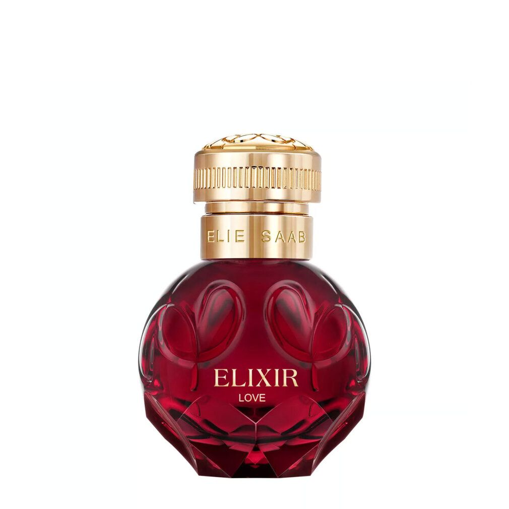 Rote Glasflasche Elie Saab Elixir Love Eau de Parfum, isoliert.