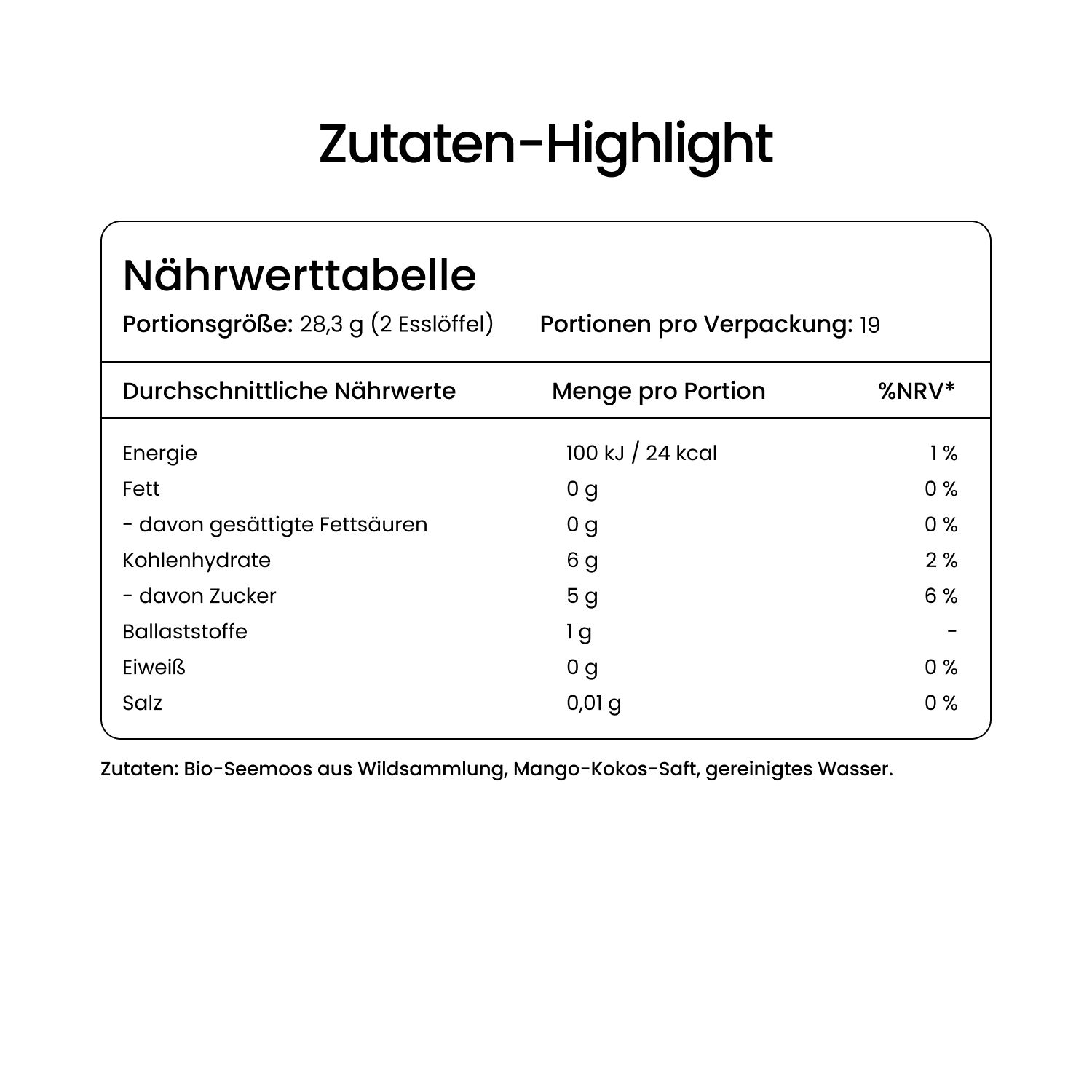 Nährwerttabelle. Angaben zu Energie, Fett, Kohlenhydraten, Ballaststoffen, Eiweiß und Salz. Portionen pro Verpackung: 19.