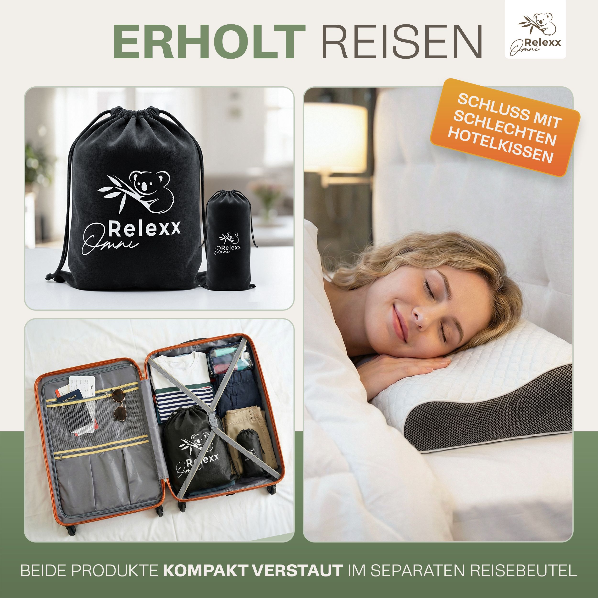 Kissen und Beutel in einem Koffer. Text: Erholt Reisen. Beutel mit Produktnamen. Text: Schluss mit schlechten Hotelkissen.