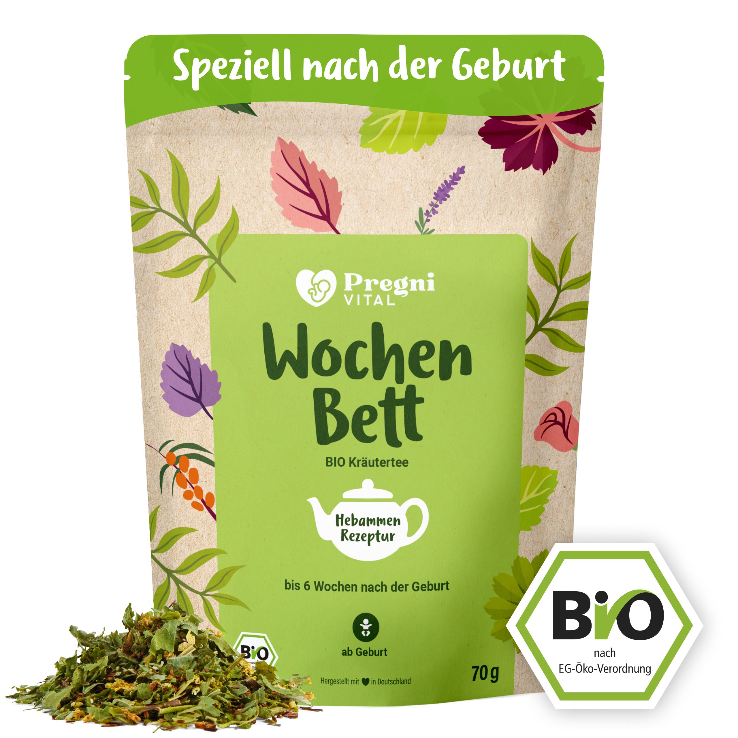 PregniVital Wochenbett BIO Kräutertee Beutel mit Kräutern und BIO-Siegel.