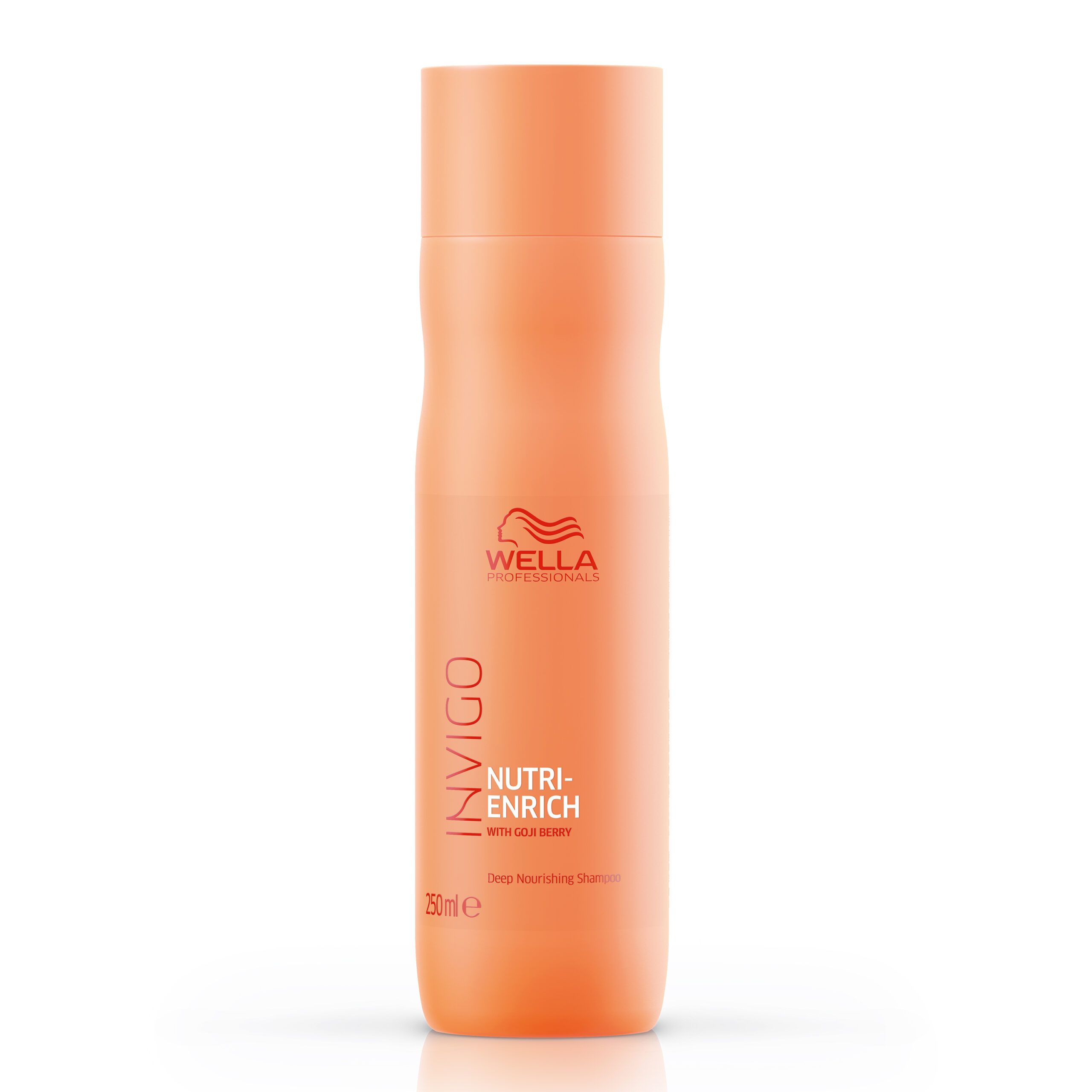 Orangefarbene Shampoo-Flasche. Aufschrift: INVIGO, NUTRI-ENRICH, Wella Professionals. Mit Goldbeere. Deep Nourishing Shampoo.