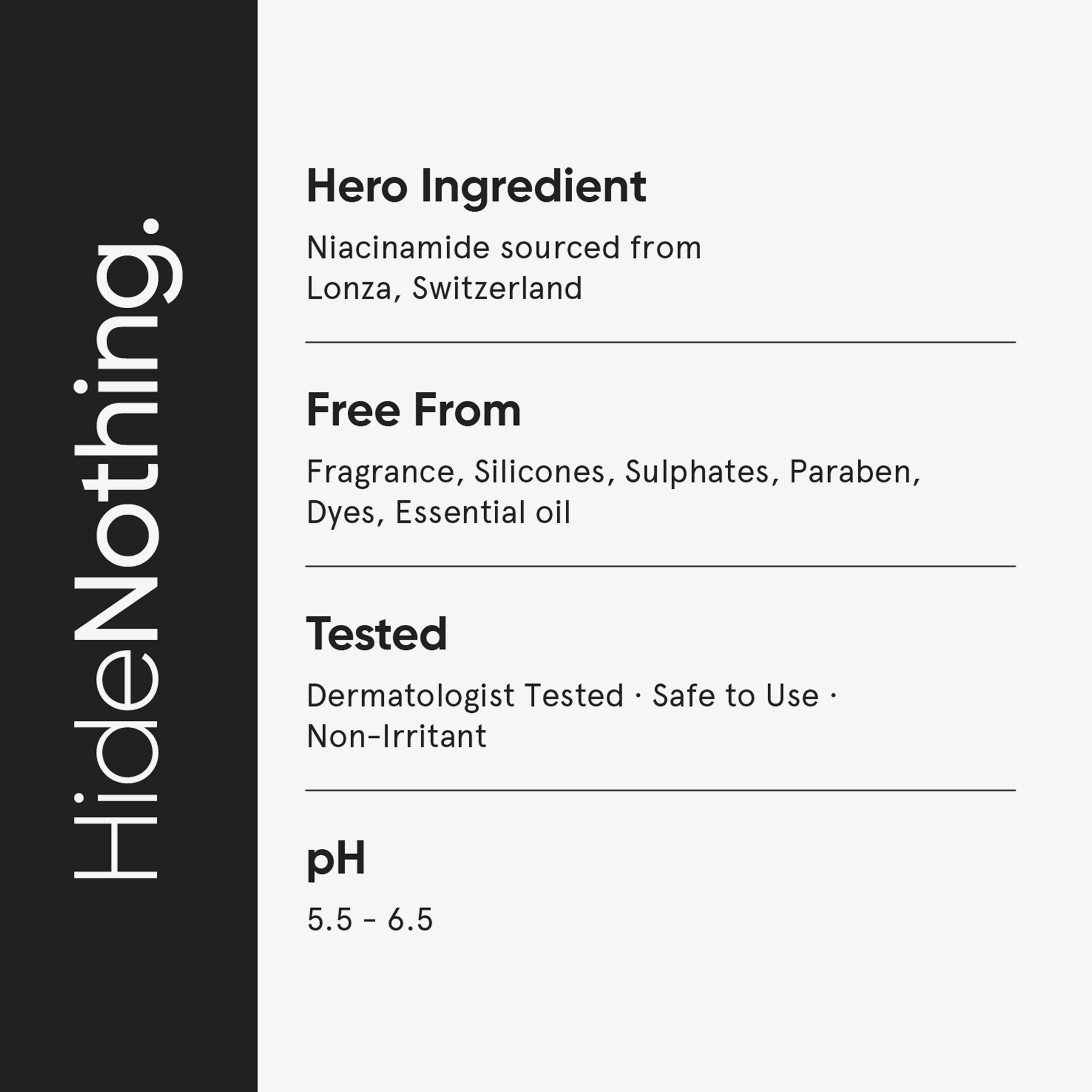 Texte avec ingrédients et caractéristiques. Ingrédient principal: Niacinamide. Sans: parfums, silicones, sulfates, parabènes, colorants, huiles essentielles. Testé dermatologiquement.