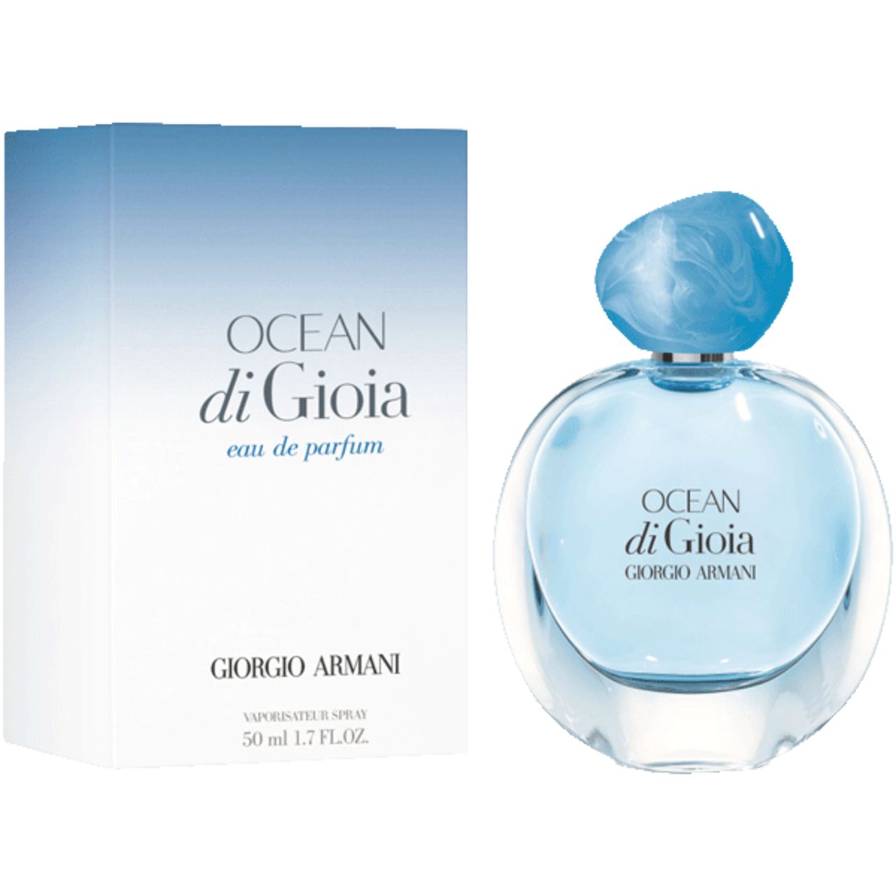 Flakon und Verpackung. Flakon rund, blau. Verpackung weiß, Schriftzug: Ocean di Gioia, Giorgio Armani.