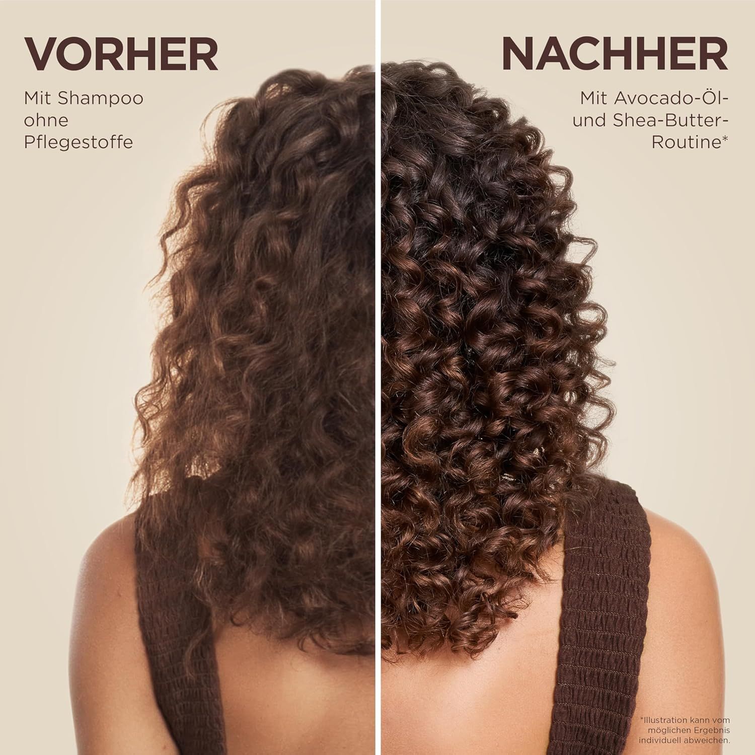 Zwei Frauen mit lockigem Haar. Links: Vorher, mit Shampoo. Rechts: Nachher, mit Avocado-Öl und Shea-Butter.