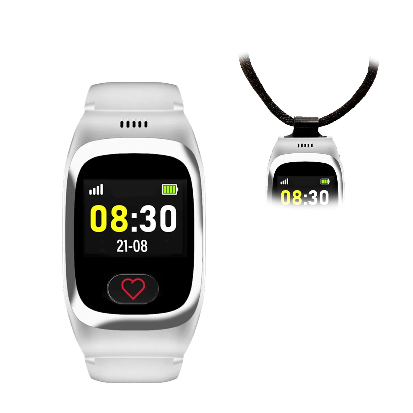 Weiße Smartwatch mit
Armband und Anhänger. Beide zeigen 08:30.