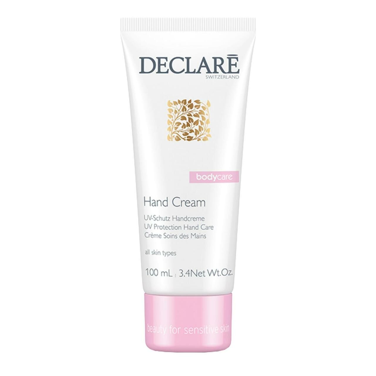 Weiße Tube mit rosa Verschluss. DECLARÉ, Hand Cream, UV-Schutz Handcreme. 100ml.