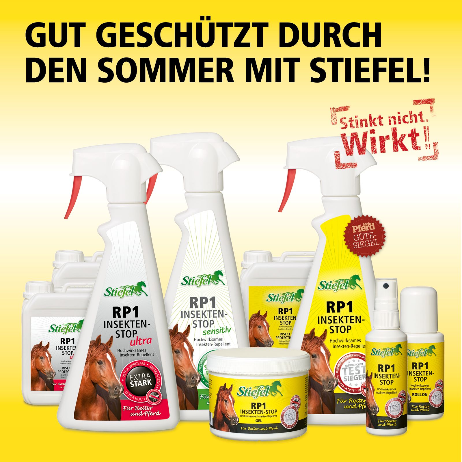Produktreihe von Stiefel Insekten-Stop. Verschiedene Behälter: Sprays, Flaschen und Creme. Text: RP1 Insekten-Stop.