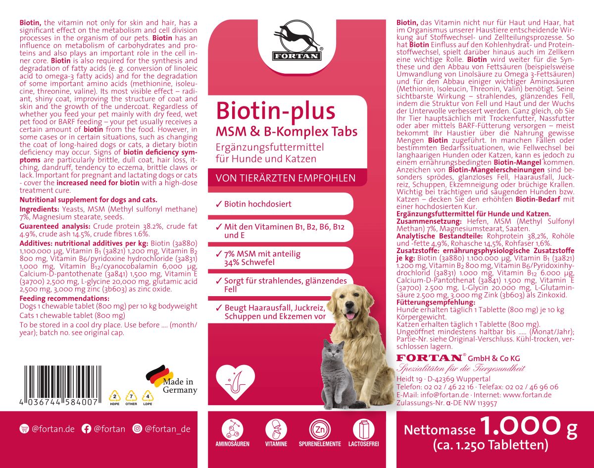 Rotes Etikett mit Text: FORTAN Biotin-plus MSM & B-Komplex Tabs. Empfohlen von Tierärzten. Hund und Katze. Inhaltsstoffe und Nährwertangaben.
