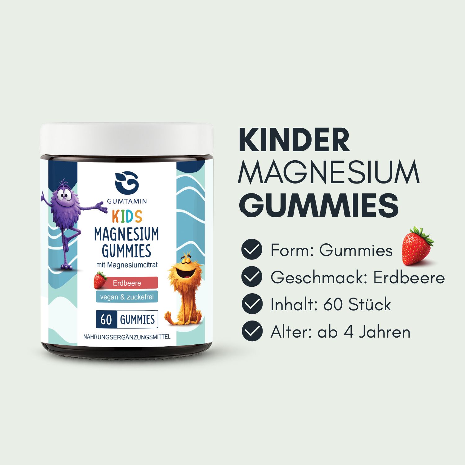 Produktinformationen: Magnesium Gummibärchen. Form: Gummis. Geschmack: Erdbeere. Inhalt: 60 Stück. Alter: ab 4 Jahren.