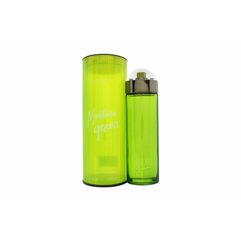 Grüne Eau de Toilette-Flasche mit passender zylindrischer Verpackung. Auf der Verpackung steht "Montana green".