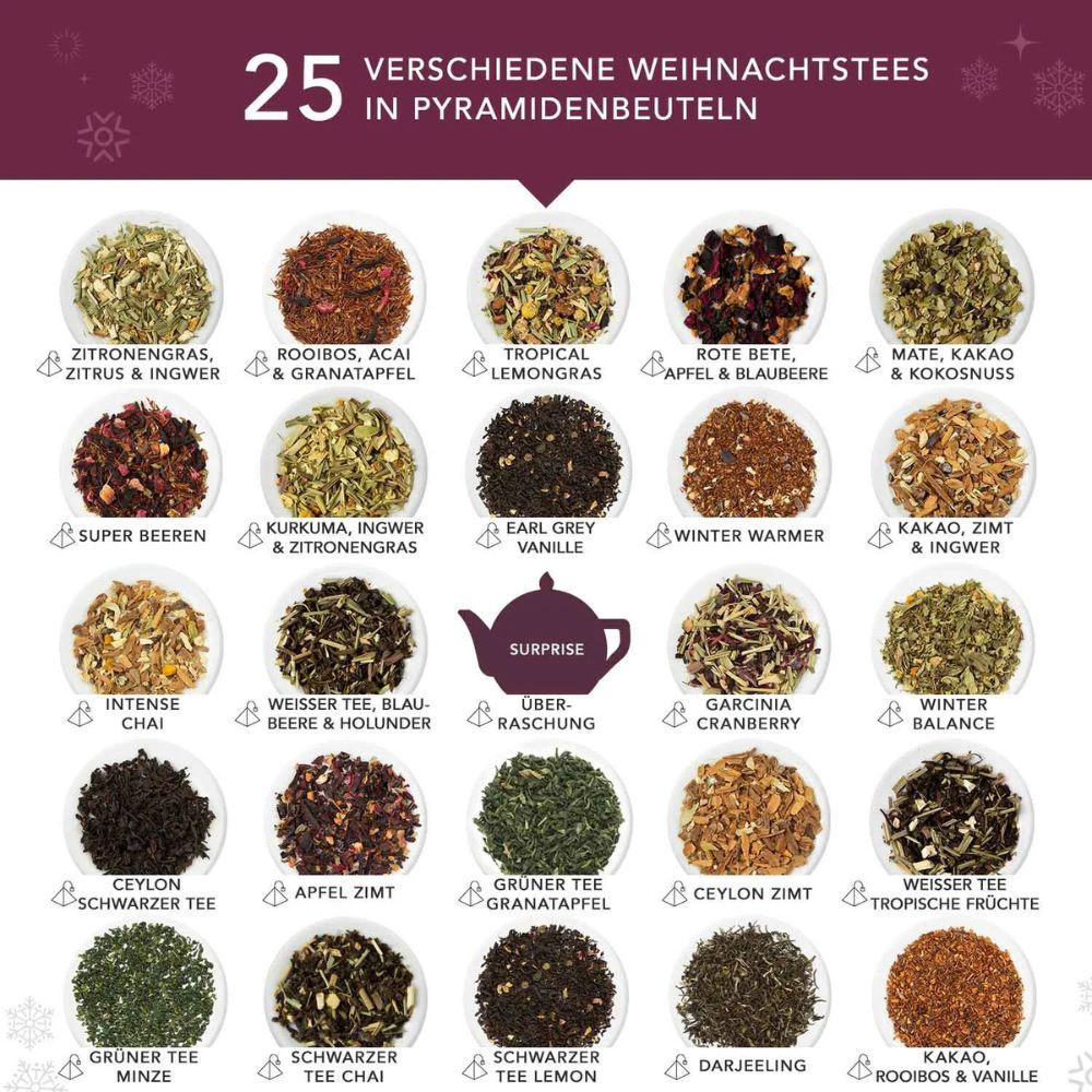 25 verschiedene Weihnachtstees in Pyramidenbeuteln. Verschiedene Teesorten in Schalen. Text mit Sortenbezeichnungen.