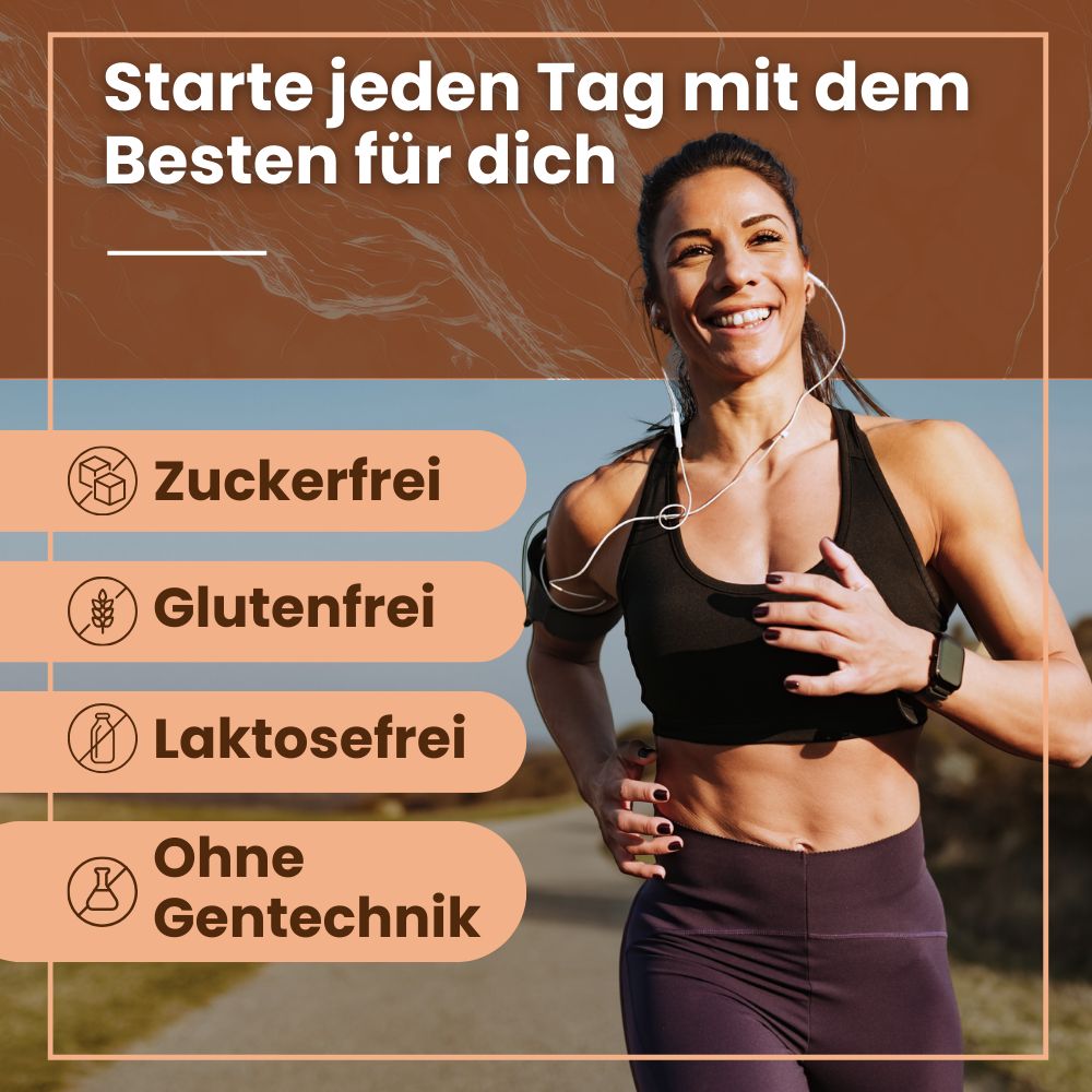Frau beim Joggen. Text: Zuckerfrei, glutenfrei, laktosefrei, ohne Gentechnik.