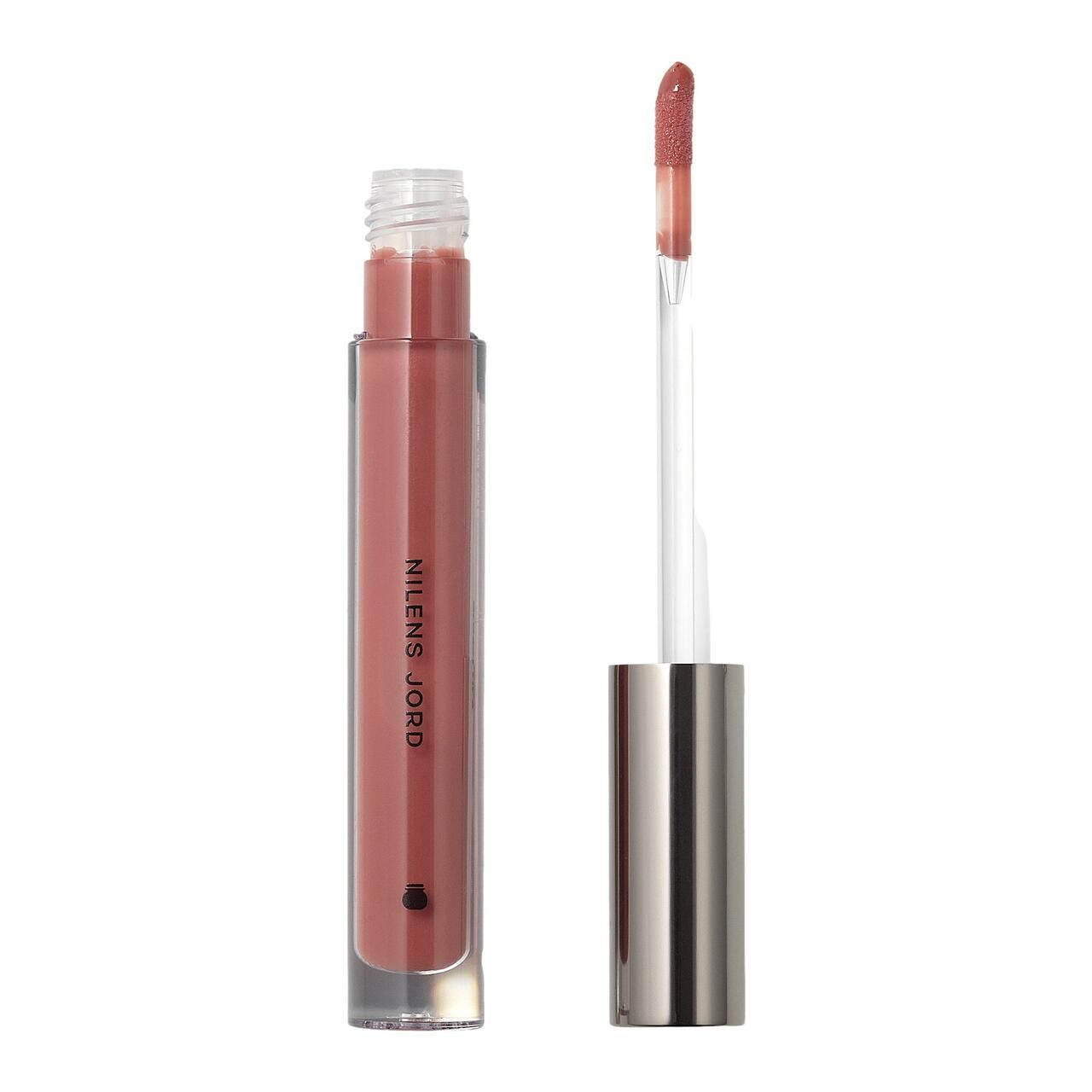 Lipgloss-Fläschchen mit Applikator. Der Lipgloss ist rosa. Auf dem Fläschchen steht "NILENS JORD".