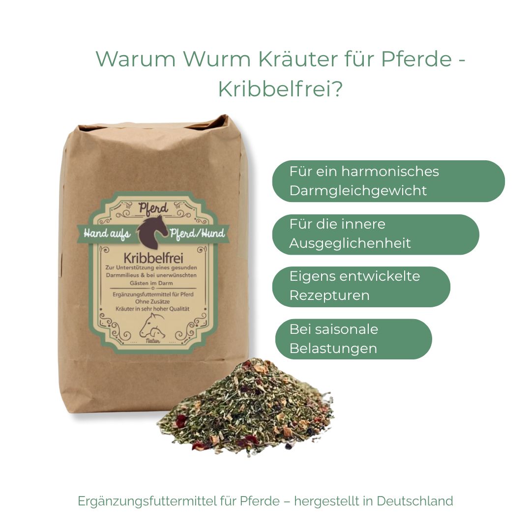 Braune Papiertüte mit Produktetikett und Kräutermischung. Text: Hand aufs Pferd/Hund, Kribbelfrei. Vorteile: Darmgleichgewicht, innere Ausgeglichenheit.