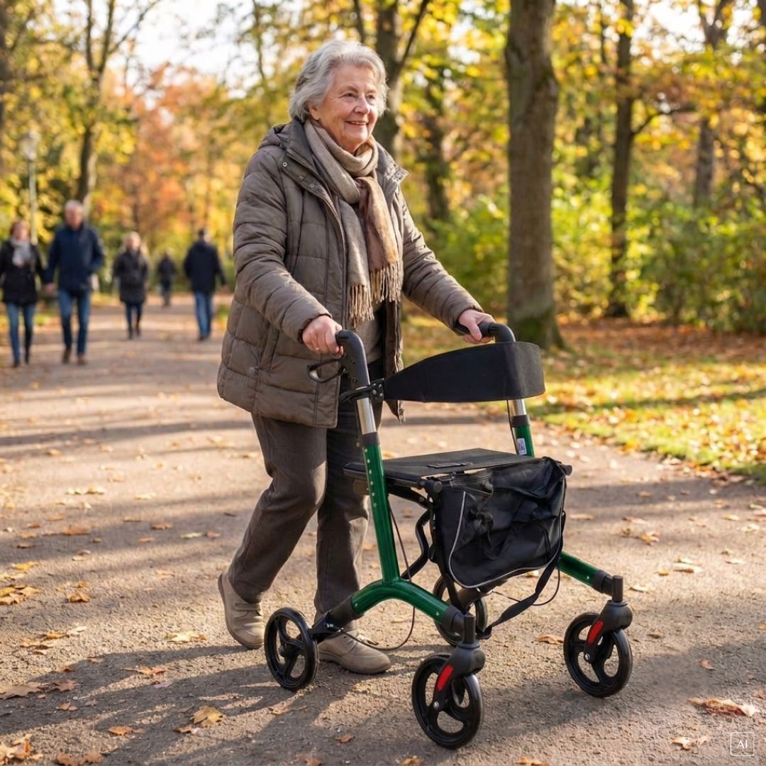 Ältere Frau benutzt einen grünen Rollator im Freien.