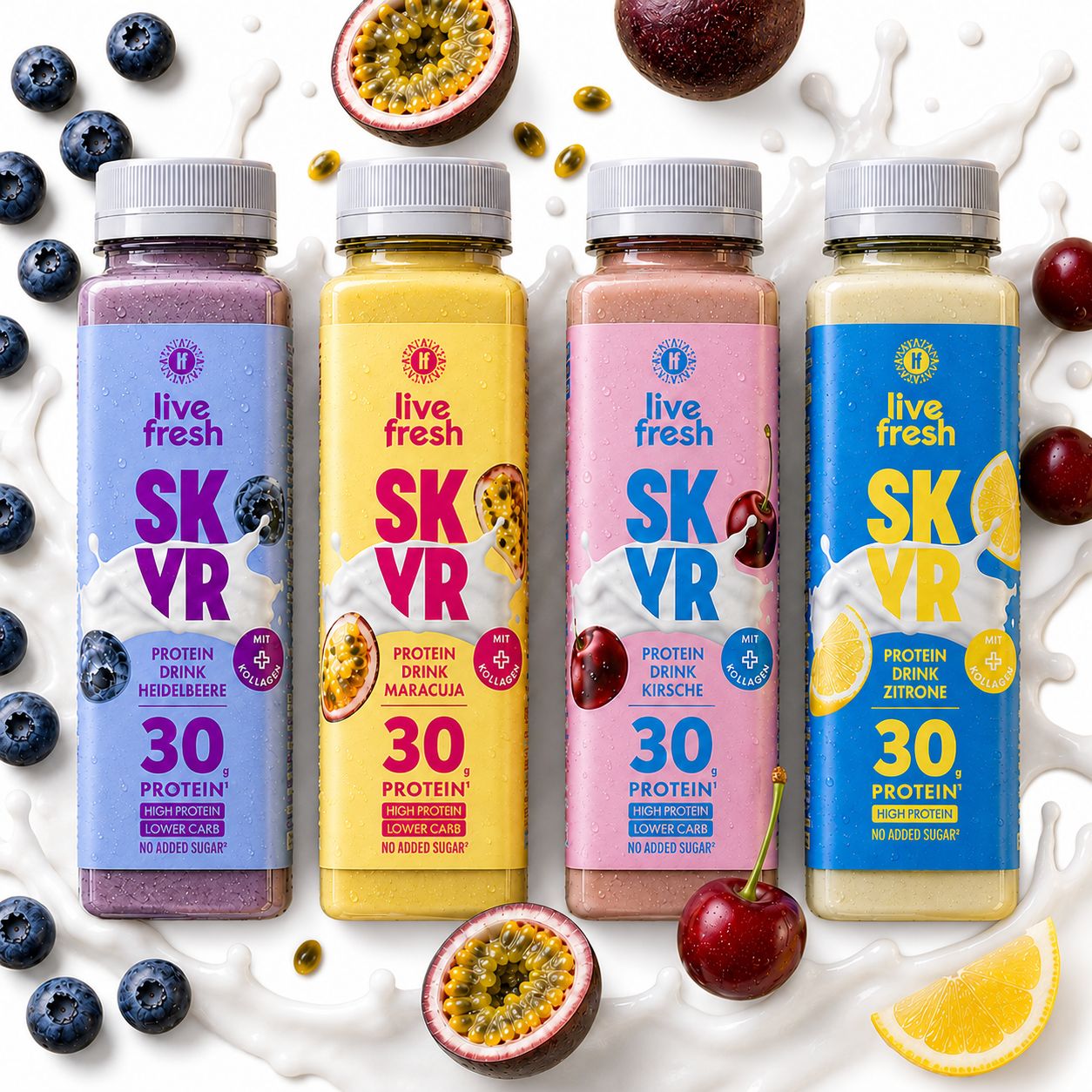 Vier Skyr Protein Drinks in verschiedenen Geschmacksrichtungen. Heidelbeere, Maracuja, Kirsche, Zitrone. 30 Protein.