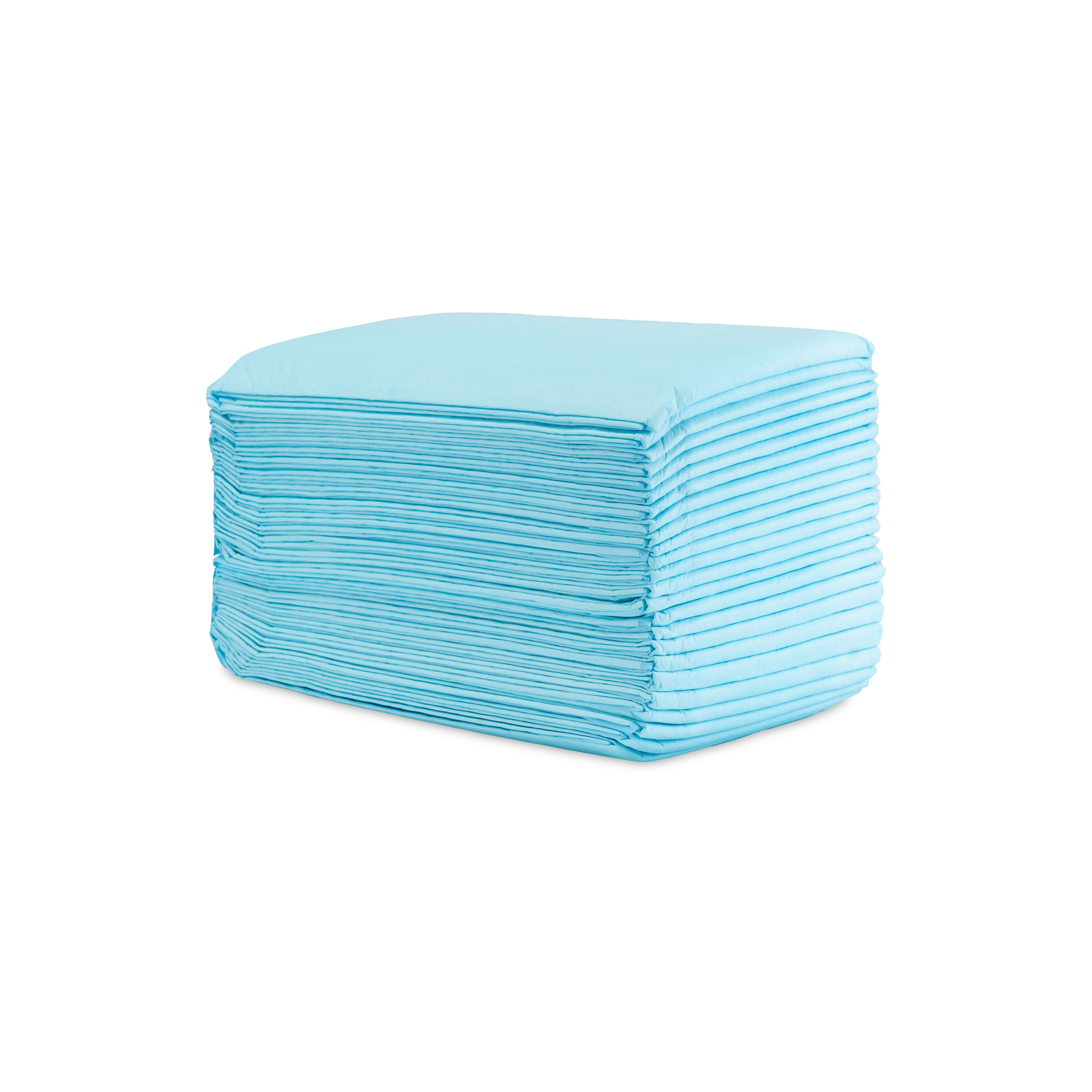 Stapel hellblauer Einweg-Betteinlagen. Die Kanten sind sichtbar.