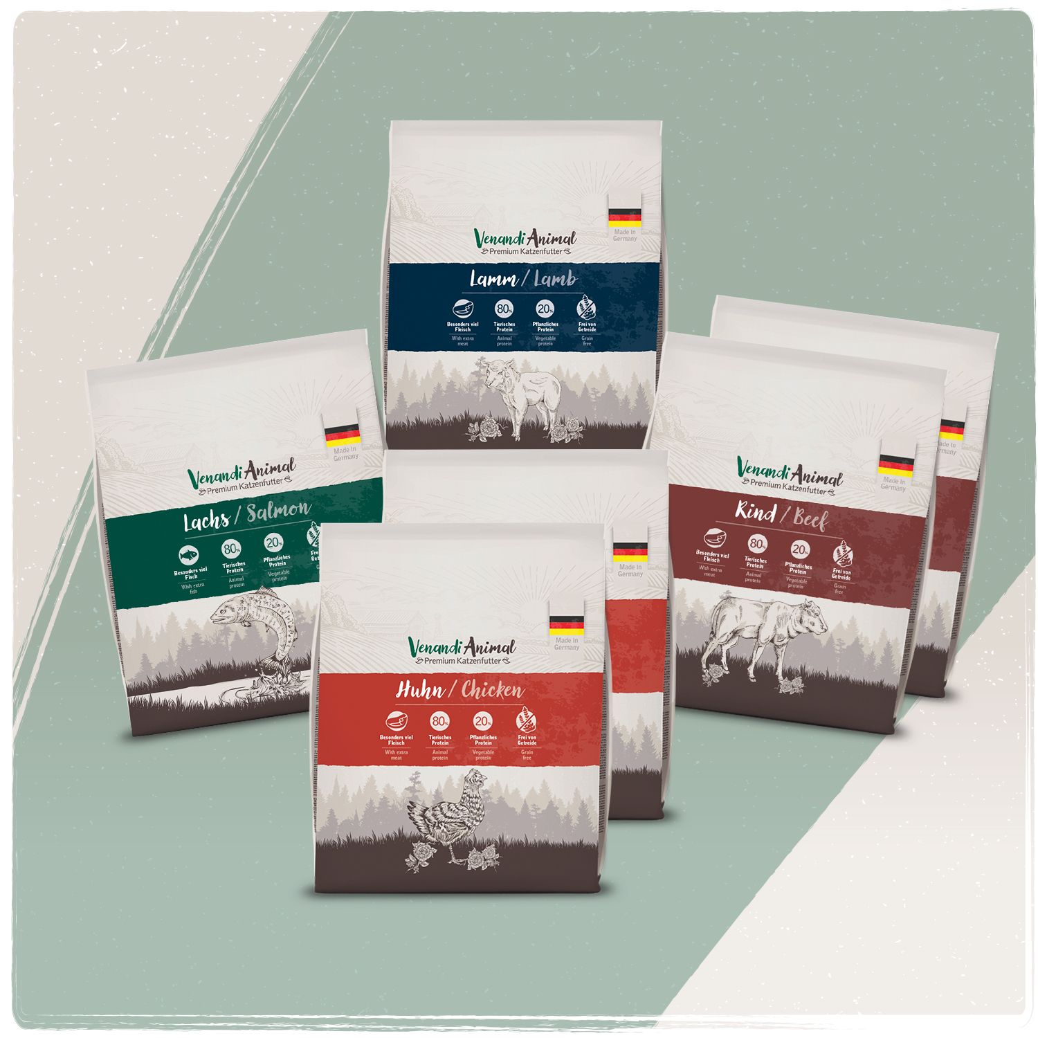 Fünf Säcke Venandi Animal Tiernahrung: Huhn, Rind, Lachs, Lamm, angeordnet in einer Gruppe.