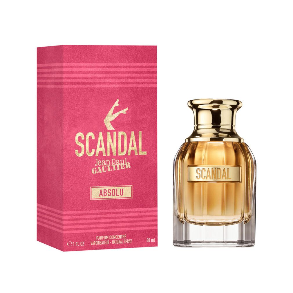 Parfumflakon und Verpackung. Flakon mit goldenem Verschluss, Schriftzug Scandal. Verpackung rosa mit Schriftzug Scandal Absolu.