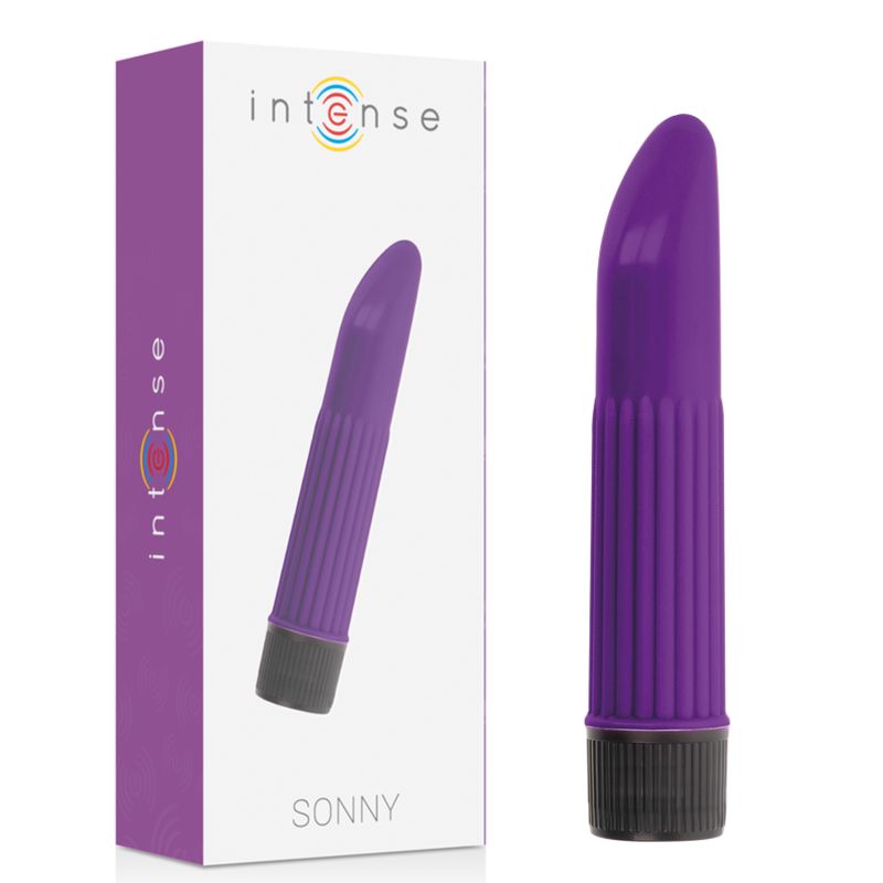 Produktverpackung und lila Vibrator. Text: Intense, Sonny. Verpackung in Weiß und Lila.