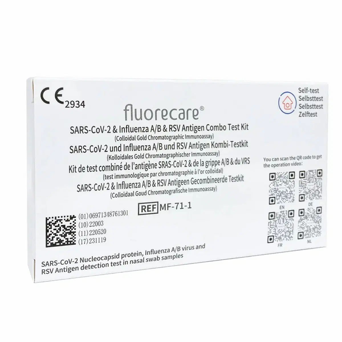 Weiße Schachtel mit Aufschrift "fluorecare". Enthält einen SARS-CoV-2 & Influenza A/B & RSV Antigen Combo Test Kit. Mit CE-Kennzeichnung.