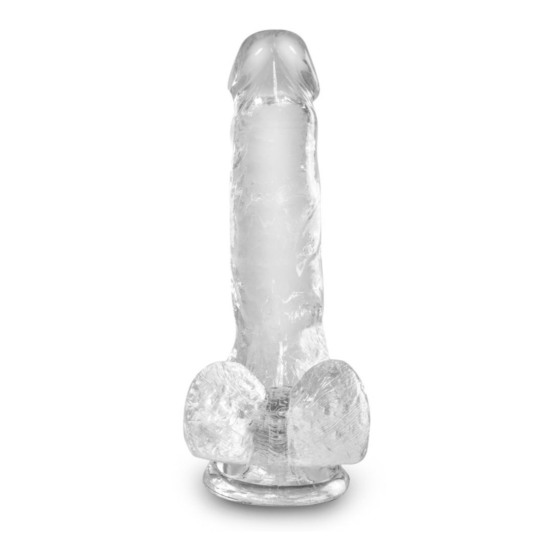 Klarer Dildo mit Saugnapf. Mit realistischer Textur und Basis. Steht aufrecht.