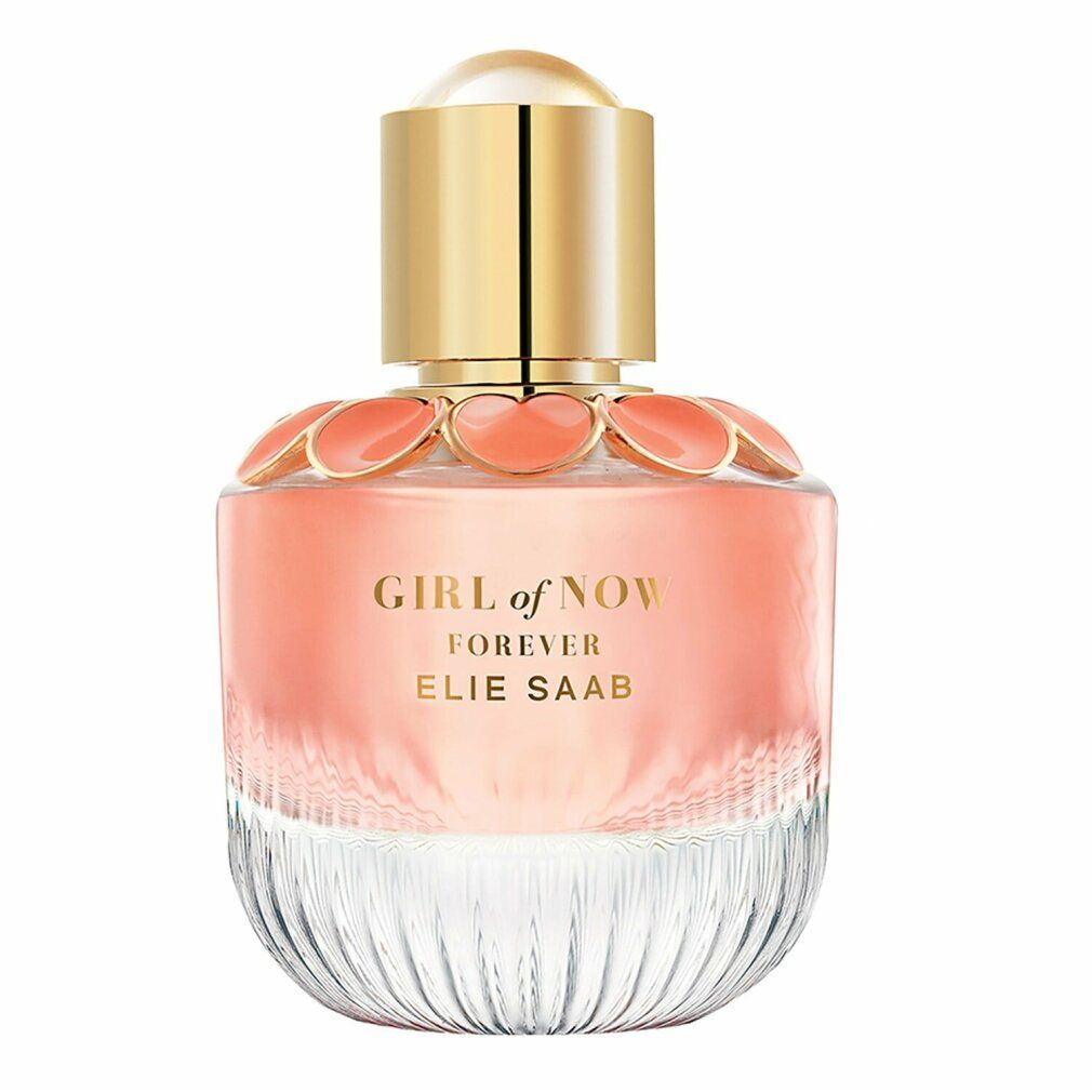 Parfümflasche mit goldfarbenem Deckel und rosa Blütenverzierung. Aufschrift: Girl of Now Forever, Elie Saab.