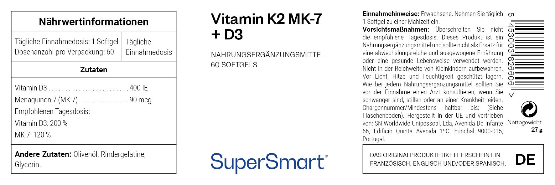 Etikett mit Informationen zu Vitamin K2 MK-7 + D3. Enthält 60 Softgels. Marke: SuperSmart. Text in Deutsch.