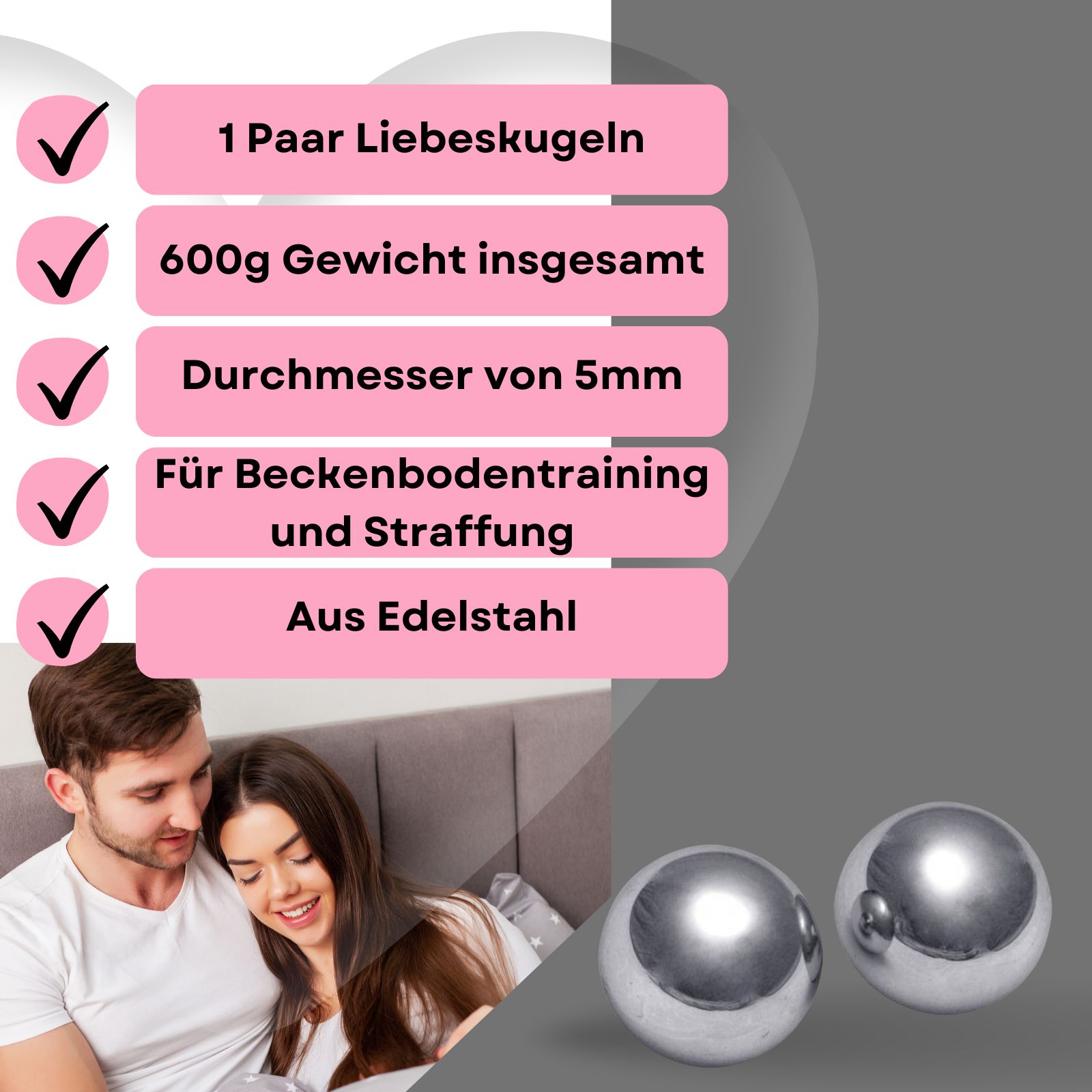 Zwei metallische Kugeln. Text auf rosa Hintergrund: 1 Paar Liebeskugeln, 600g Gewicht, 5mm Durchmesser, Edelstahl.