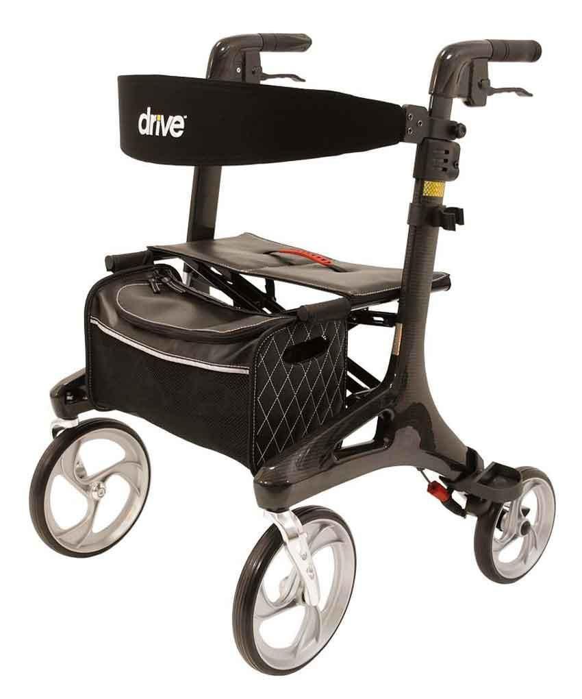 Rollator mit schwarzem Rahmen, Sitz und Tasche. Marke 'Drive' sichtbar. Vier Räder, Handbremsen.