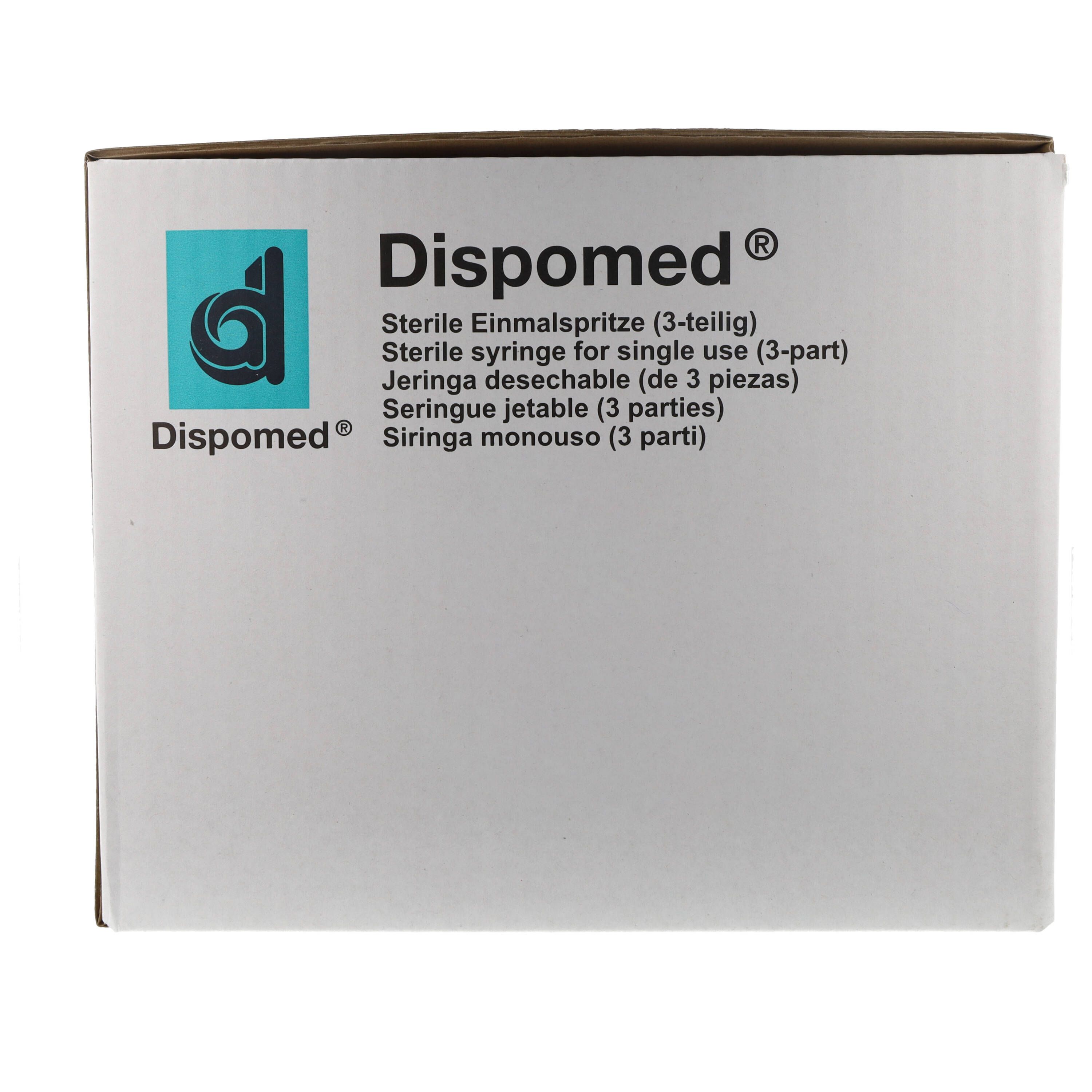 Karton mit DISPOMED-Logo. Text: Sterile Einmalspritze (3-teilig). Produktinformationen auf weißem Hintergrund.