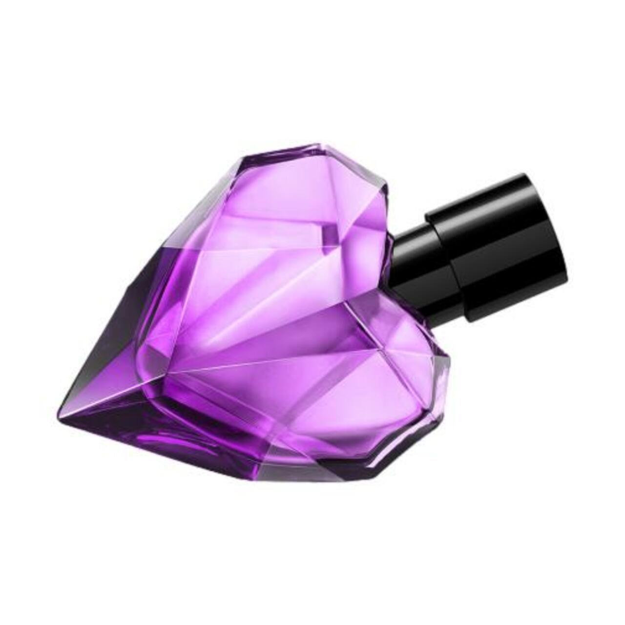 Lila Flakon in Herzform mit schwarzem Verschluss. Facettiertes Design.