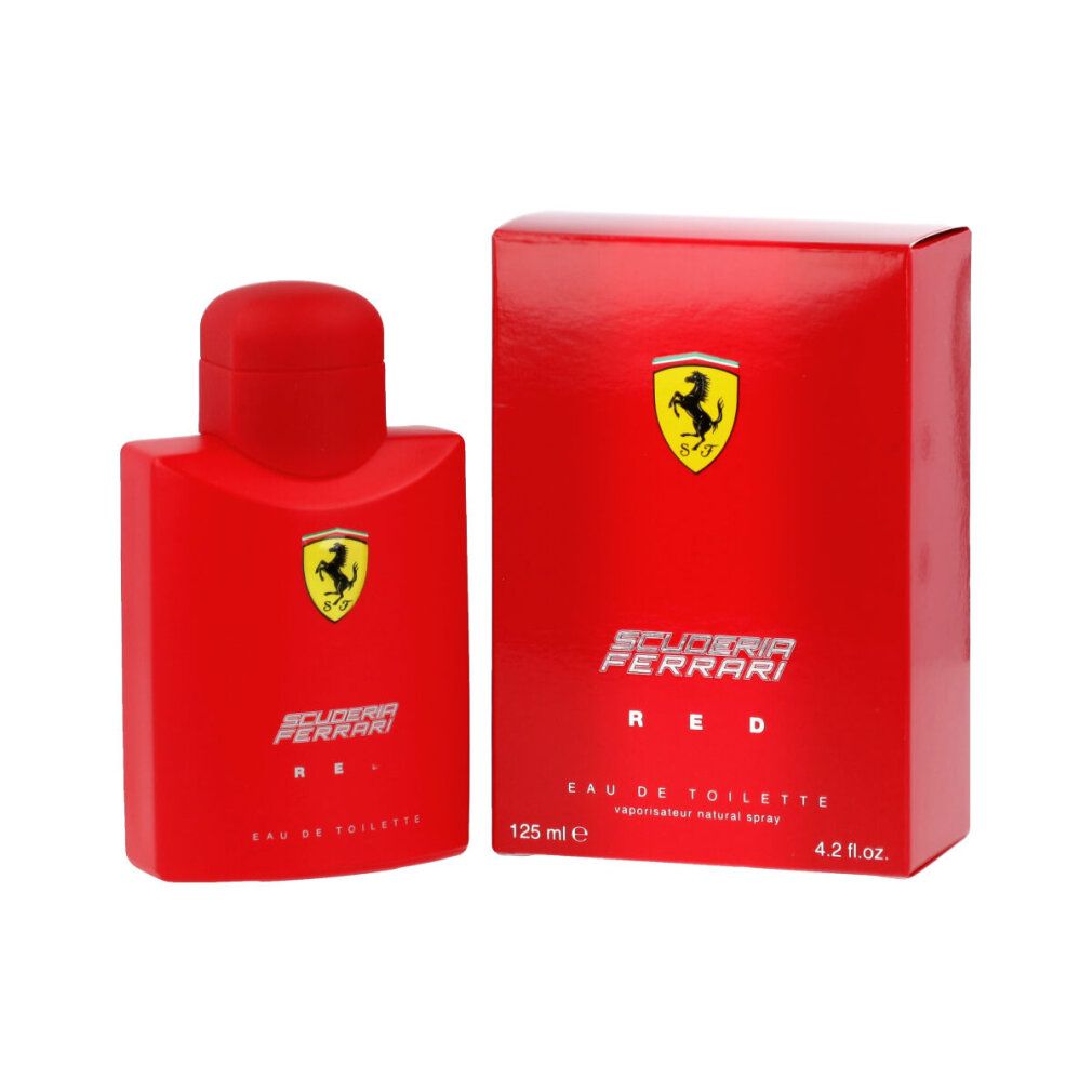 Rotes Eau de Toilette und Verpackung. Logo mit gelbem Schild und schwarzem Pferd. Schriftzug Scuderia Ferrari Red. 125 ml.