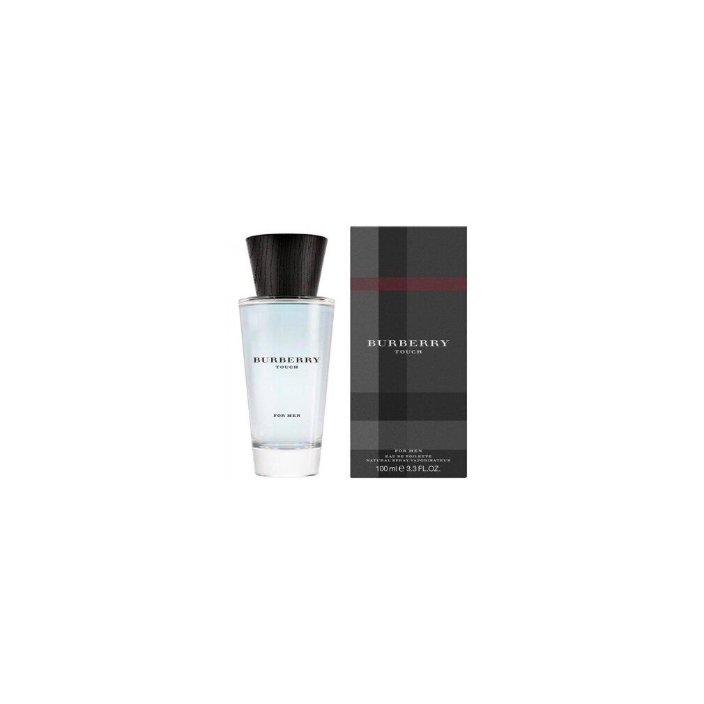 Burberry Touch for Men Flakon und Verpackung. Flakon mit schwarzem Verschluss, daneben Verpackung mit Logo.