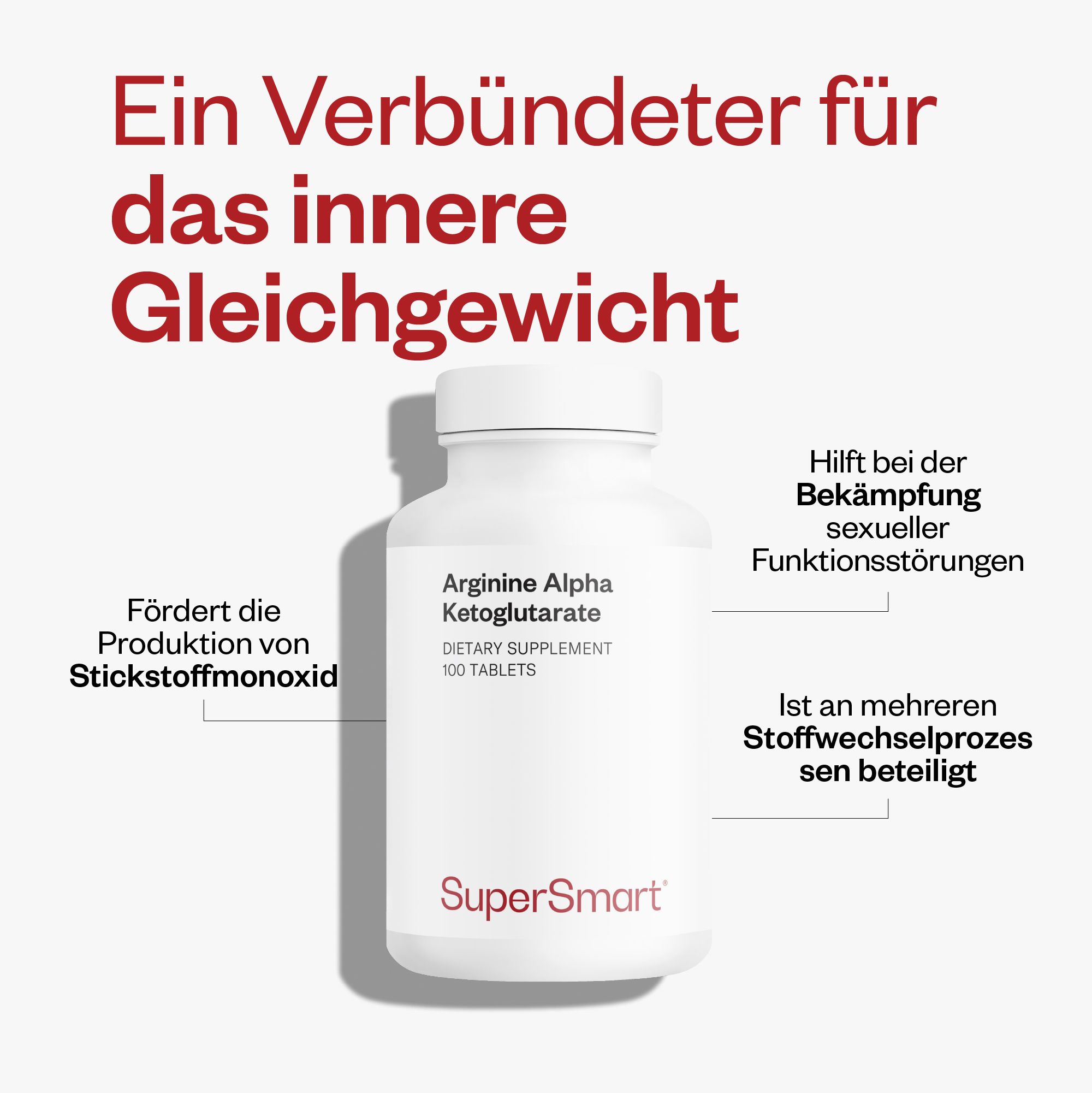 Weiße Flasche mit Produkt. Text: Arginin Alpha Ketoglutarat, 100 Tabletten, SuperSmart. Aufschrift: Dietary Supplement.