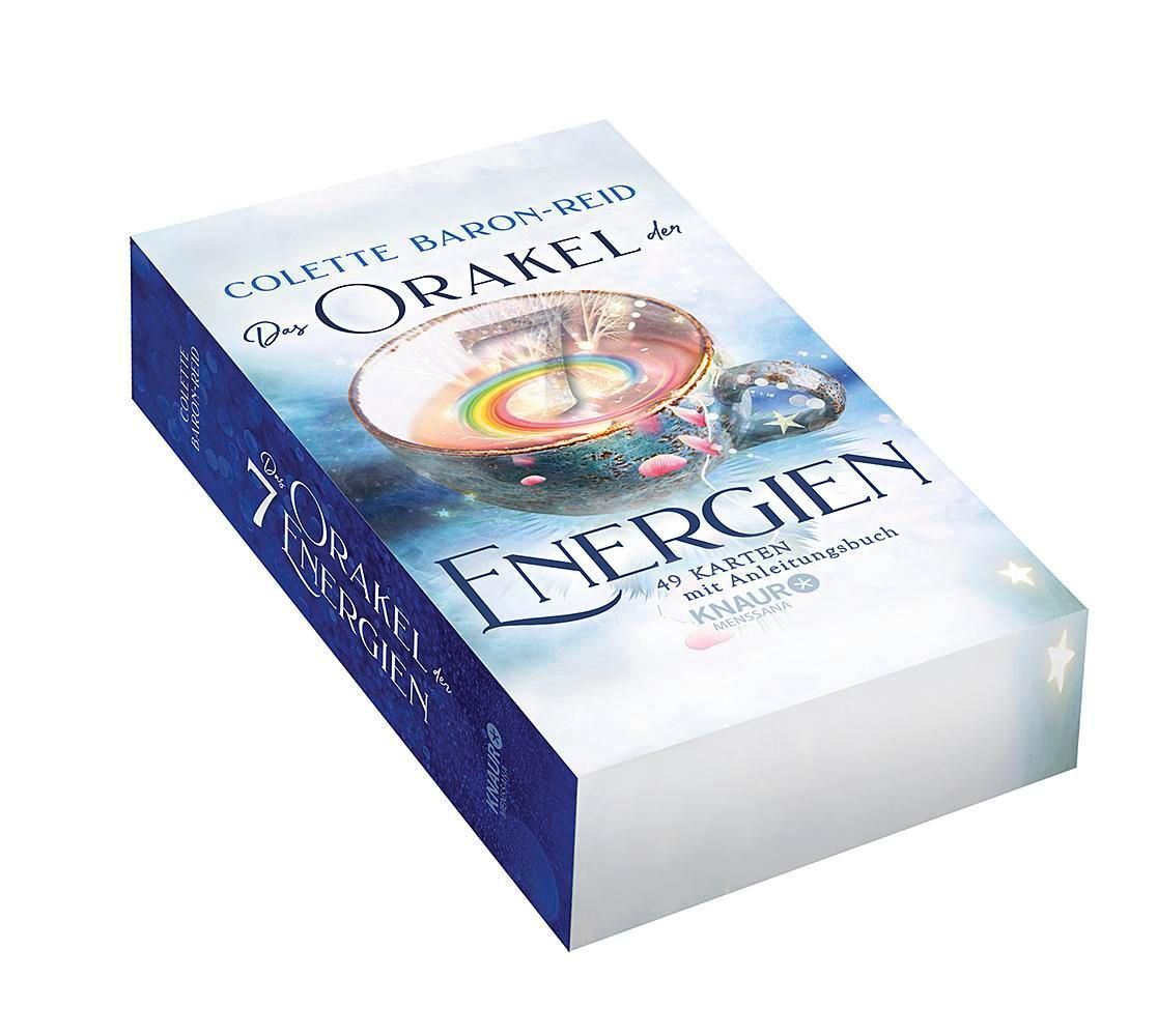 Buchbox "Das Orakel der 7 Energien". Titel und Autor sichtbar. 49 Karten mit Anleitungsbuch. KNAUR-Logo. Schrägansicht.